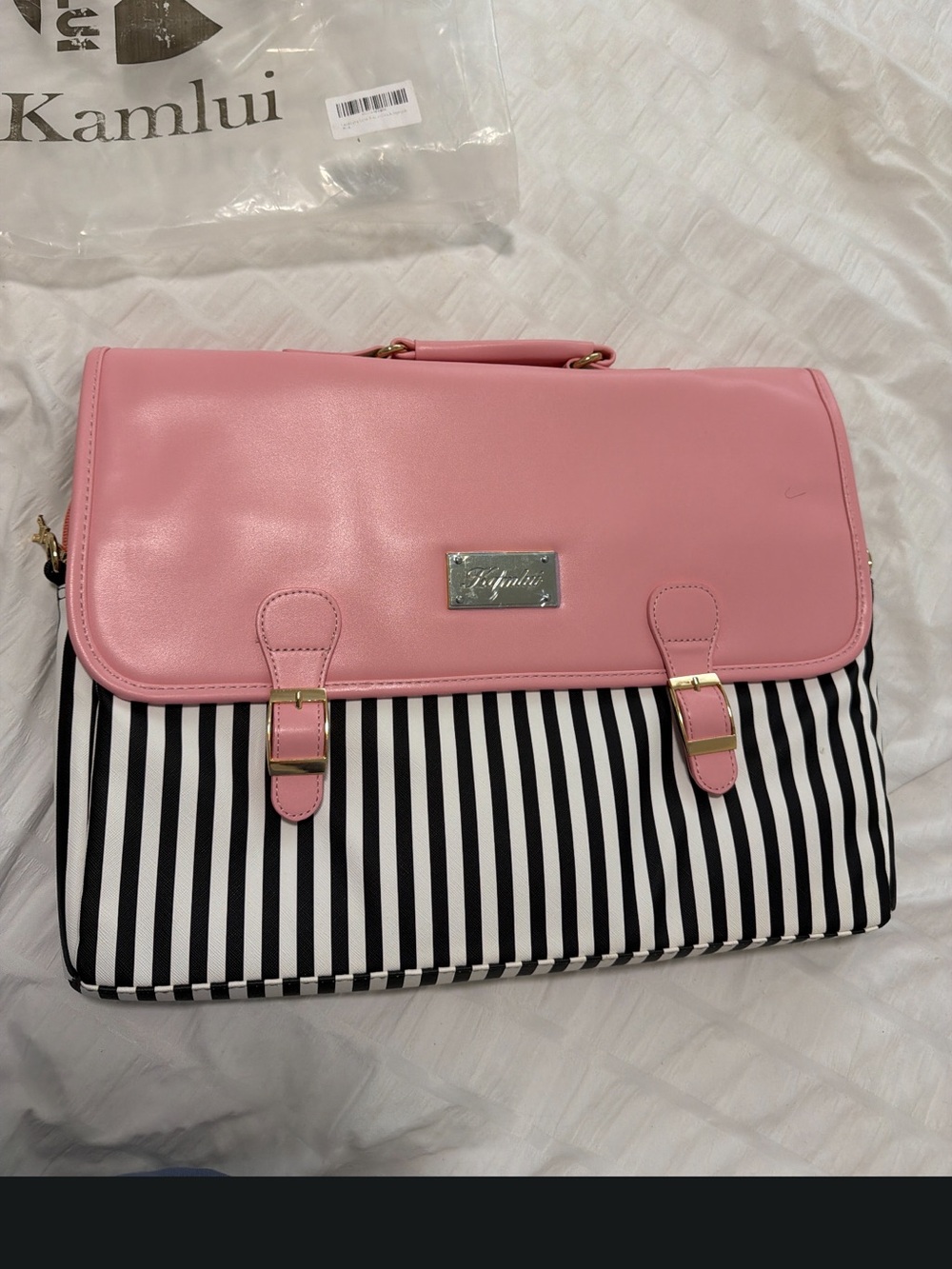 Pink Top-Handle Satchel with Black & White Stripe Base by Kamlui